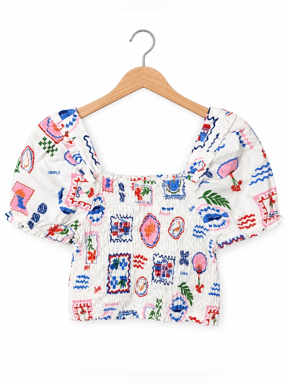 Monteau Smocked Crop Blouse White Multicolor Linen Puff Sleeve Top S NWT Boho